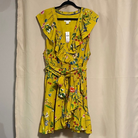 Anthropologie Maeve Yellow Floral Wrap Mini Dress with Green & Blue Accents - Picture 5 of 7